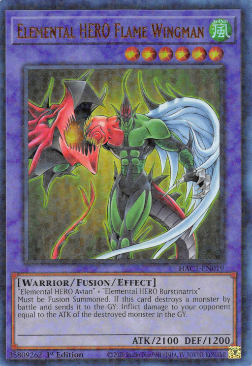 The image shows a Yu-Gi-Oh! trading card named "Elemental HERO Flame Wingman (Duel Terminal) [HAC1-EN019] Parallel Rare." This Parallel Rare features a stylized, humanoid creature with red and green armor, bird-like wings, and a dragon head protruding from its right arm. The Fusion/Effect Monster card has fusion requirements, effect details, and its attack and defense stats.