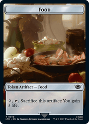 A "Magic: The Gathering" card titled "Food (10) // Smaug Double-Sided Token [The Lord of the Rings: Tales of Middle-Earth Tokens]" depicts a table with various foods including cooked meat in a pan, tomatoes, onions, a loaf of bread, and a bottle of liquid. The token artifact reads "Sacrifice this artifact: You gain 3 life." The card is illustrated by Claudiu-Antoniu Magherusan.