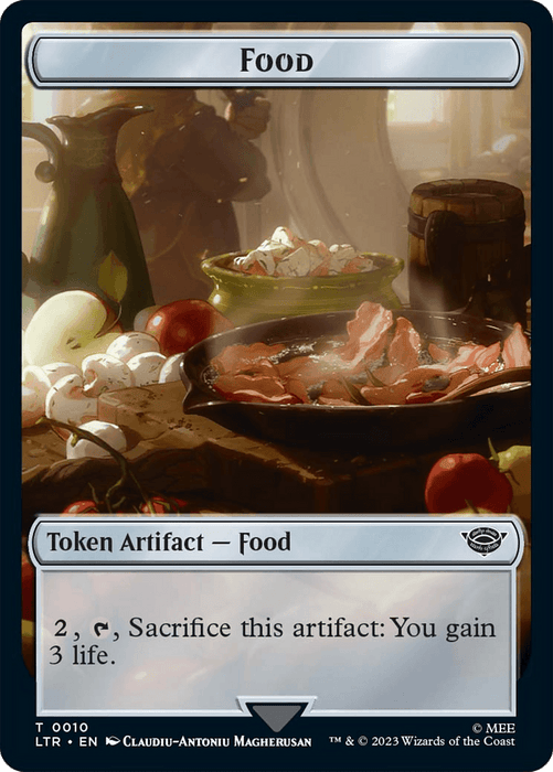 A "Magic: The Gathering" card titled "Food (10) // Smaug Double-Sided Token [The Lord of the Rings: Tales of Middle-Earth Tokens]" depicts a table with various foods including cooked meat in a pan, tomatoes, onions, a loaf of bread, and a bottle of liquid. The token artifact reads "Sacrifice this artifact: You gain 3 life." The card is illustrated by Claudiu-Antoniu Magherusan.