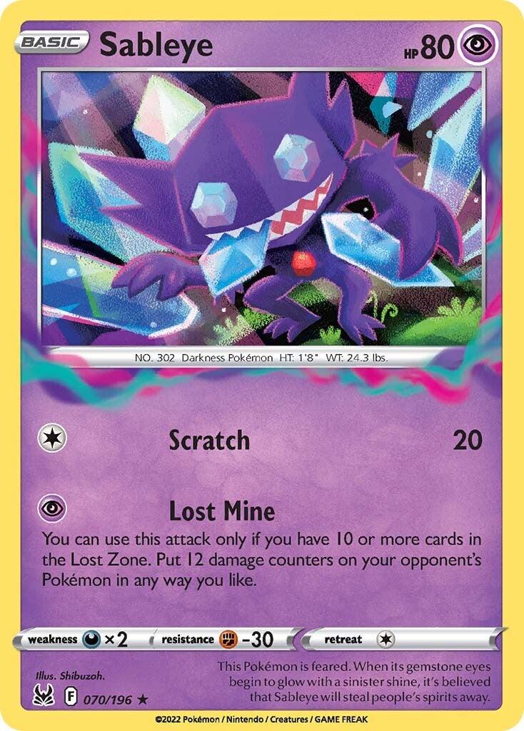 This image shows a Pokémon trading card of **Sableye (070/196) [Sword & Shield: Lost Origin]**. Sableye, depicted as a dark-purple, gremlin-like creature with a large grin, sharp claws, and gemstone eyes, has an HP of 80 and features attacks named 