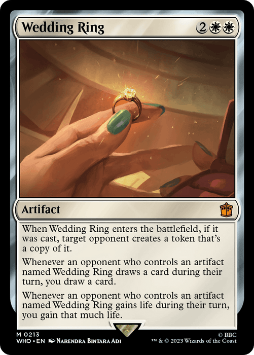 A "Magic: The Gathering" card titled "Wedding Ring (Extended Art) [Doctor Who]." It costs 2W (white mana symbol) and W (colorless mana symbol) to cast. The Artifact offers enchanting effects like creating tokens, drawing cards, and gaining life. The illustration depicts a hand holding a glowing wedding ring, evoking timeless wonder akin to Doctor Who's adventures.
