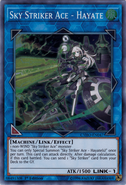 A trading card titled "Sky Striker Ace - Hayate [CYHO-EN047] Super Rare" from the Yu-Gi-Oh! series. This Link/Effect Monster features an illustration of a female character in armor, wielding a large mechanical weapon, and flying through a stormy sky. The card's info includes stats: Link - 1, ATK/1500, and an effect description.