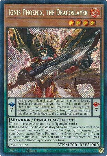 A "Yu-Gi-Oh!" trading card titled "Ignis Phoenix, the Dracoslayer [DABL-EN022] Secret Rare" featuring stunning artwork of a fiery dragon with blue and red flames. This Pendulum Effect Monster has 1700 ATK, 1900 DEF, pendulum scales of 7, and boasts a powerful effect description. As a Secret Rare, it's a prized addition to any deck.