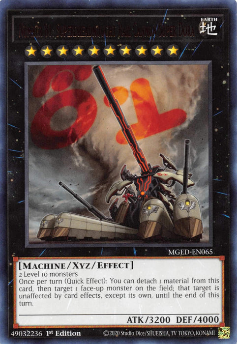 A Yu-Gi-Oh! card titled "Number 81: Superdreadnought Rail Cannon Super Dora [MGED-EN065] Rare" from the Maximum Gold: El Dorado collection, showcasing a massive train-like machine with cannons. The black-bordered card features stars at the top and details its type (Machine/Xyz/Effect), stats (3200 ATK/4000 DEF), and effect text.