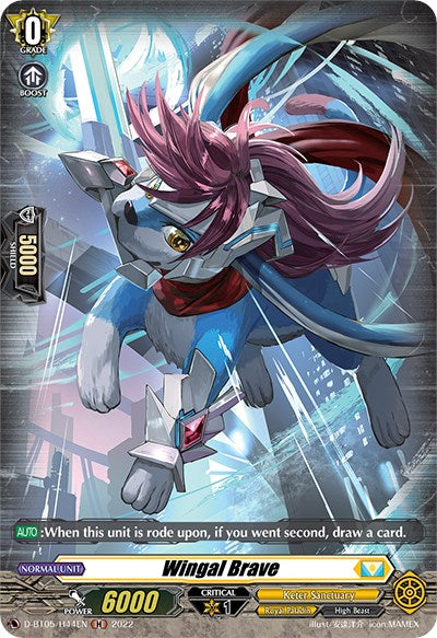 The trading card "Wingal Brave (D-BT05/H44EN) [Triumphant Return of the Brave Heroes]" from Bushiroad's Cardfight!! Vanguard features a member of the Royal Paladin clan. This holo card showcases a dynamic illustration of a blue and white canine-like creature with red hair and silver armor, depicted mid-air against a futuristic cityscape. The text on the card provides details about the unit's skills and attributes.