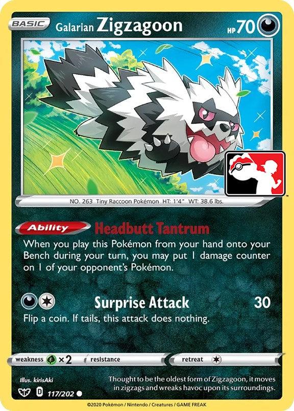 A common Pokémon trading card featuring Galarian Zigzagoon (117/202) [Prize Pack Series One] from Pokémon. The card has 70 HP and is of Darkness type. Its abilities are 