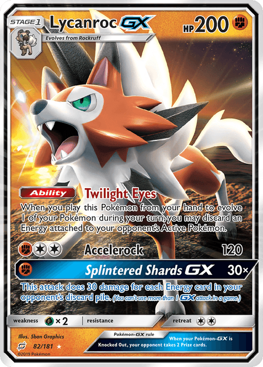 Image of a Lycanroc GX (82/181) [Sun & Moon: Team Up] by Pokémon. The card shows a fierce wolf-like Pokémon with white and orange fur, glowing green eyes, and a menacing pose. It displays 200 HP and abilities like "Twilight Eyes," "Accelerock," and "Splintered Shards GX." The card number is 82/181.