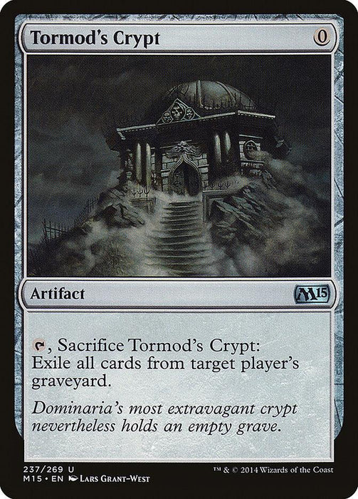 The image displays a Magic: The Gathering card named "Tormod's Crypt [Magic 2015]." It is an artifact card with a mana cost of 0. The illustration shows a dark, ominous crypt with a domed roof and stairs leading to its entrance. Sacrificing Tormod's Crypt [Magic 2015] will exile all cards from a target player's graveyard. This card is part of the Magic: The Gathering Magic 2015 collection.