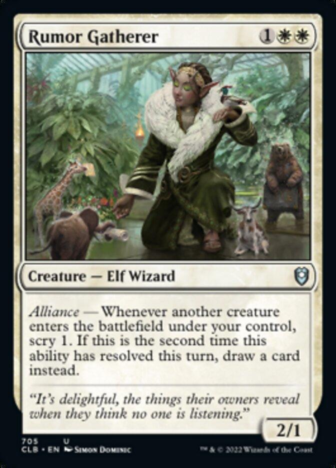 The image is a Magic: The Gathering card titled "Rumor Gatherer [Commander Legends: Battle for Baldur's Gate]." It depicts an Elf Wizard in green robes with fur trim, holding a glowing orb and surrounded by animals including a fox, squirrel, dog, and bear. The card has the ability "Alliance" and features a quote: "It's delightful, the things their owners say when no one is listening.