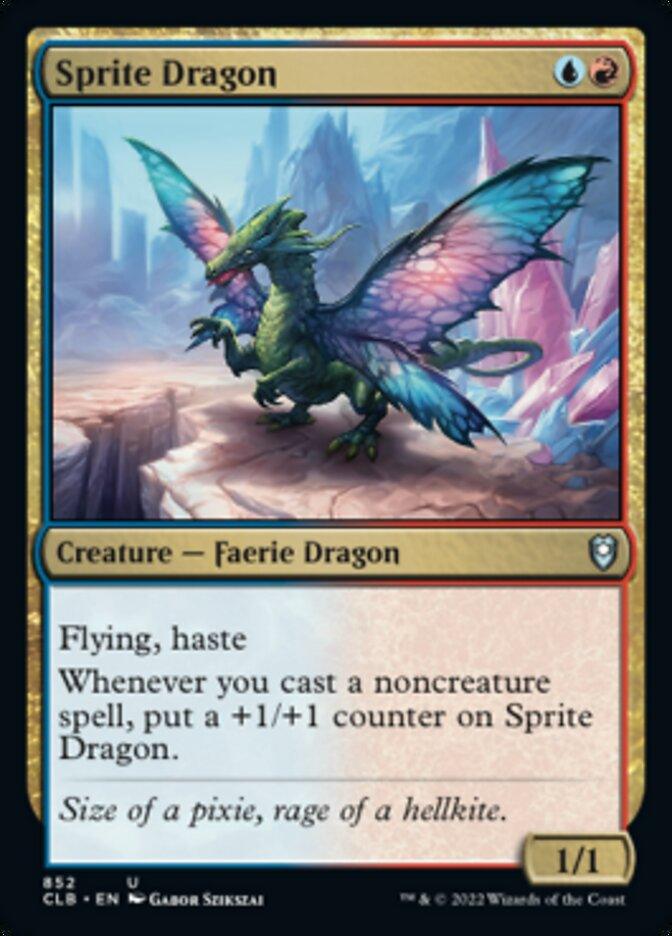 The image showcases a Magic: The Gathering card named "Sprite Dragon [Commander Legends: Battle for Baldur's Gate]" from the Commander Legends series. It features artwork of a colorful Faerie Dragon with translucent wings, perched on a rock amidst a mystical landscape. The card has "Flying" and "Haste" abilities, boasting 1/1 power and toughness.