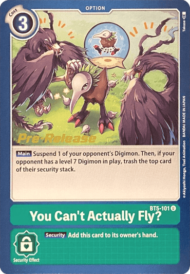 The Digimon card "You Can't Actually Fly? [BT5-101] [Battle of Omni Pre-Release Promos]" features an angry purple bird-like Digimon with large claws, struggling to flap its small wings. As a part of the Battle of Omni series, this pre-release promo card costs 3 and provides both Main and Security effects.