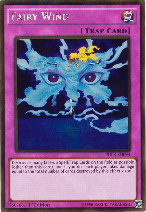 A Yu-Gi-Oh! card titled "Fairy Wind [PGL3-EN094] Gold Rare" depicts a mystical, cloudy face with glowing eyes, surrounded by a chaotic swirl of blue and white energy. Its text explains the card's effect of destroying face-up Spell/Trap Cards and dealing damage.
