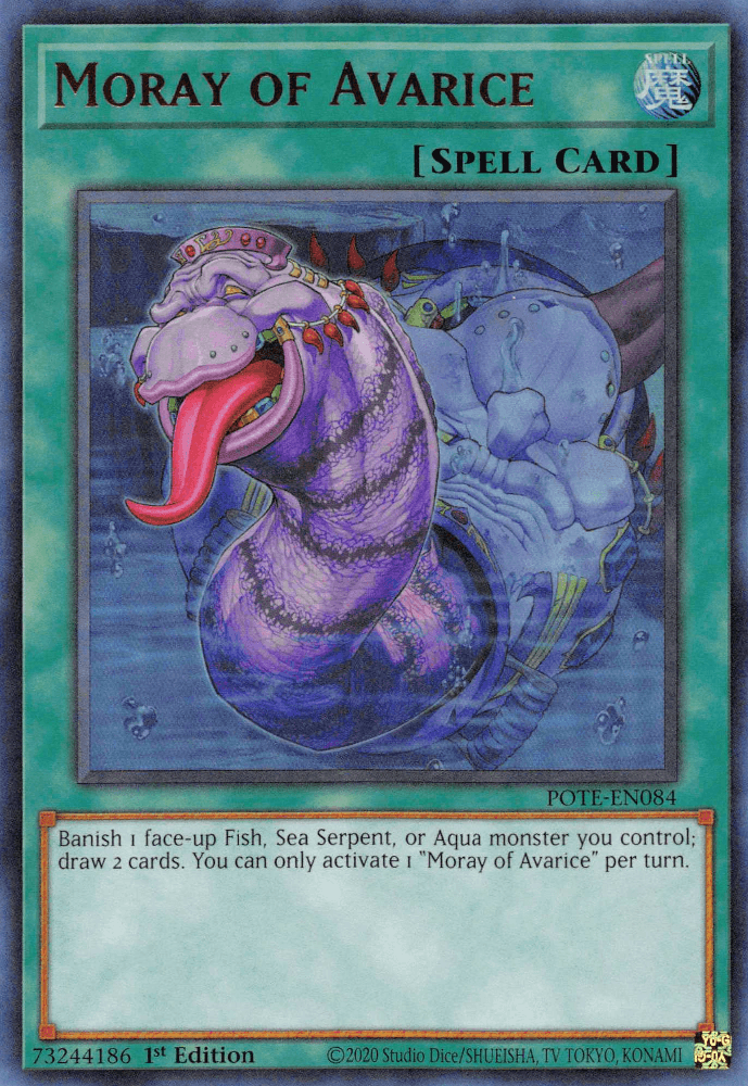 Moray of Avarice [POTE-EN084] Ultra Rare" is a Yu-Gi-Oh! Ultra Rare trading card featuring an illustration of a purple moray eel with an open mouth and sharp teeth. This Normal Spell card lets you banish a Fish, Sea Serpent, or Aqua monster to draw 2 cards.