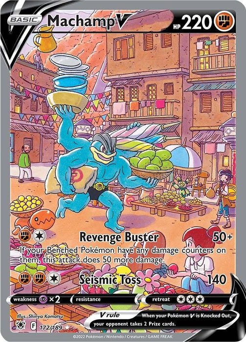 A Pokémon trading card featuring Machamp V (172/189) [Sword & Shield: Astral Radiance] from the Pokémon brand. Machamp, a muscular blue Pokémon with four arms, is depicted in action, ready for battle in a vibrant marketplace with colorful stalls in the background. This Ultra Rare card includes details like HP 220 and two attacks: "Revenge Buster" and "Seismic Toss.
