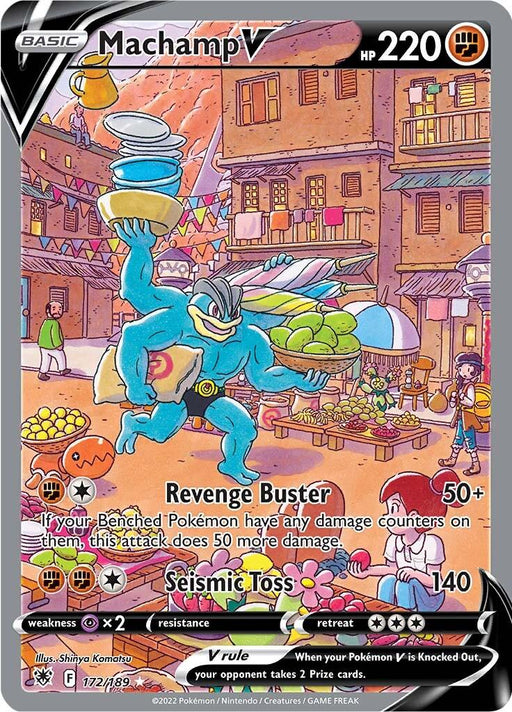 A Pokémon trading card featuring Machamp V (172/189) [Sword & Shield: Astral Radiance] from the Pokémon brand. Machamp, a muscular blue Pokémon with four arms, is depicted in action, ready for battle in a vibrant marketplace with colorful stalls in the background. This Ultra Rare card includes details like HP 220 and two attacks: "Revenge Buster" and "Seismic Toss.