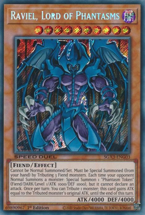 Image of a Yu-Gi-Oh! trading card titled "Raviel, Lord of Phantasms [SGX3-ENG03] Secret Rare." This Secret Rare Effect Monster, featured in the Speed Duel GX series, showcases a blue, armored, and menacing demon-like creature with large wings and sharp claws. It has 4000 ATK and 4000 DEF. The card number is SGX3-EN003.