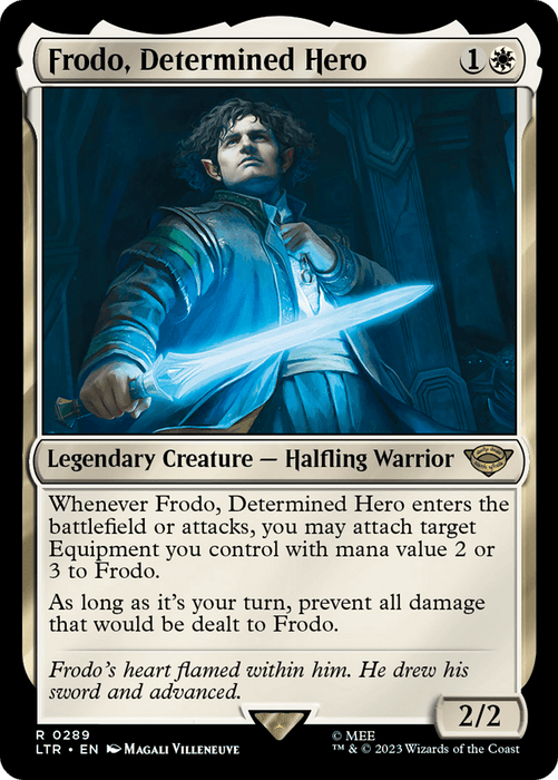 A Magic: The Gathering card titled "Frodo, Determined Hero [The Lord of the Rings: Tales of Middle-Earth]" from Magic: The Gathering. It showcases a halfling warrior holding a glowing sword, ready for battle. Costing 1 white mana and 1 generic mana, the card has a power/toughness of 2/2 and boasts abilities related to equipment and damage prevention.
