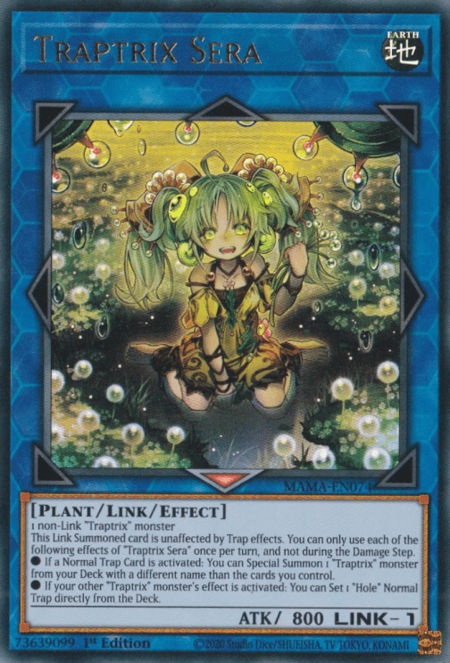 Yu-Gi-Oh! card featuring Traptrix Sera [MAMA-EN074] Ultra Rare, an Ultra Rare Link Effect Monster with plant-themed, humanoid features: green hair, elf-like ears, and vine adornments. Surrounded by leaves and flowers, her metallic blue-bordered card boasts ATK 800, LINK-1, and a special effect in the text box.