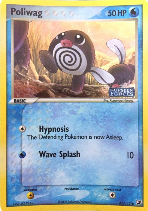 A Pokémon card featuring Poliwag (67/115) (Stamped) [EX: Unseen Forces] with 50 HP. The blue and yellow Water type card shows Poliwag, a tadpole-like creature with a swirl pattern on its belly, in a natural scene with water and trees. With Common rarity, it includes attacks "Hypnosis" to make the defending Pokémon fall asleep and "Wave Splash" causing 10 damage. The card is numbered 67.