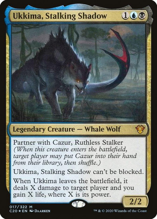 A trading card from Magic: The Gathering featuring Ukkima, Stalking Shadow [Commander 2020], a Legendary Creature. The dark, menacing Whale Wolf boasts glowing blue eyes and shadowy, ethereal tendrils. With a blue and black theme reflecting its mana cost, this 2/2 card is both captivating and foreboding.