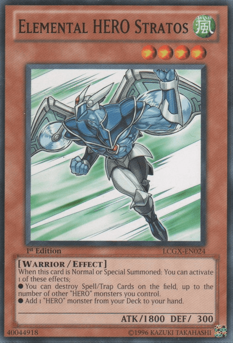 Image of a Yu-Gi-Oh! trading card titled "Elemental HERO Stratos [LCGX-EN024] Common," an Effect Monster from Legendary Collection 2. The card features a blue-winged warrior in silver armor with 1800 ATK and 300 DEF. It can destroy spell/trap cards or add a HERO monster from the deck to the hand. It is a 1st Edition card.