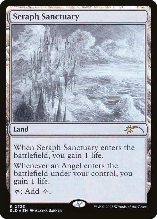 The "Seraph Sanctuary (Sketch) [Secret Lair Drop Promos]" from Magic: The Gathering showcases a grayscale illustration of a floating, angelic castle above the clouds. This Land card's text reads: "When Seraph Sanctuary enters the battlefield, you gain 1 life. Whenever an Angel enters the battlefield under your control, you gain 1 life. Tap: Add 1 colorless mana.