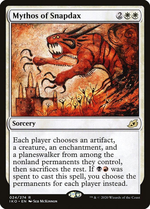 A rare Magic: The Gathering card, "Mythos of Snapdax [Ikoria: Lair of Behemoths]," features a monstrous creature with four arms, large claws, and sharp teeth. The black-bordered sorcery card includes detailed game effects and symbols for two colorless mana, one white mana, and two black/red hybrid mana at the top.