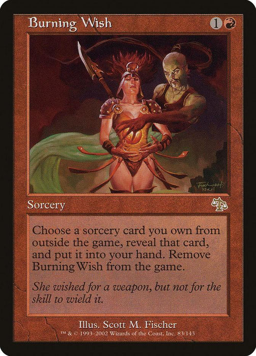 The "Burning Wish [Judgment]" Magic: The Gathering card features a powerful sorceress holding a glowing scroll, flames swirling around her. An eerie figure casts a shadow behind her. The card's dark red border and background enhance the mystical feel, with text detailing the sorcery's effect.