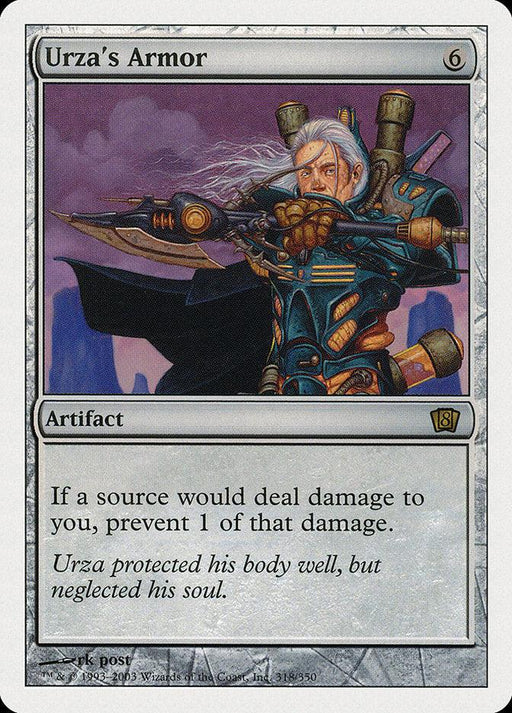 A Magic: The Gathering card titled "Urza's Armor [Eighth Edition]," featuring a metallic silver border to signify it's an artifact. The artwork portrays a man in elaborate armor, wielding a large weapon. This Rare card from Eighth Edition has text that reads, "If a source would deal damage to you, prevent 1 of that damage.