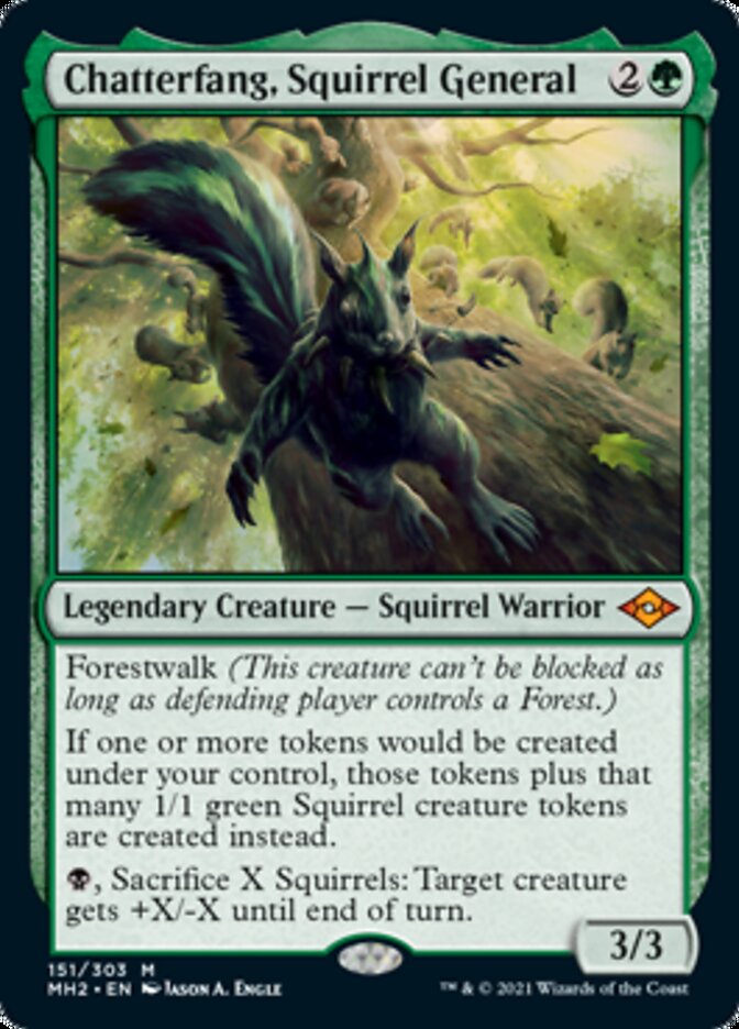 A *Magic: The Gathering* card titled "Chatterfang, Squirrel General [Modern Horizons 2]" from *Magic: The Gathering*. This Mythic Rarity card features a Squirrel Warrior in a forest setting. With a mana cost of 2G, it's a Legendary Creature - Squirrel Warrior that possesses Forestwalk, generates tokens, and has a sacrifice ability. It's 3/3 in power and