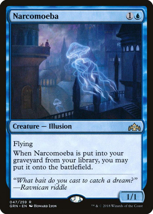 A trading card titled "Narcomoeba [Guilds of Ravnica]" from Magic: The Gathering features an ethereal jellyfish-like Creature Illusion floating over a dark, mysterious bridge scene. The blue card with a cost of 1U reads: Flying. When Narcomoeba is put into your graveyard from your library, you may put it onto the battlefield. Power/Toughness: 1