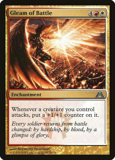 The "Gleam of Battle" card from the Dragon's Maze set by Magic: The Gathering is an enchantment card with a mana cost of 4 colorless, 1 red, and 1 white. The illustration features a golden-armored angel with rays of light behind, overseeing a battlefield. The card text describes the effect of placing a +1/+1 counter on attacking creatures.