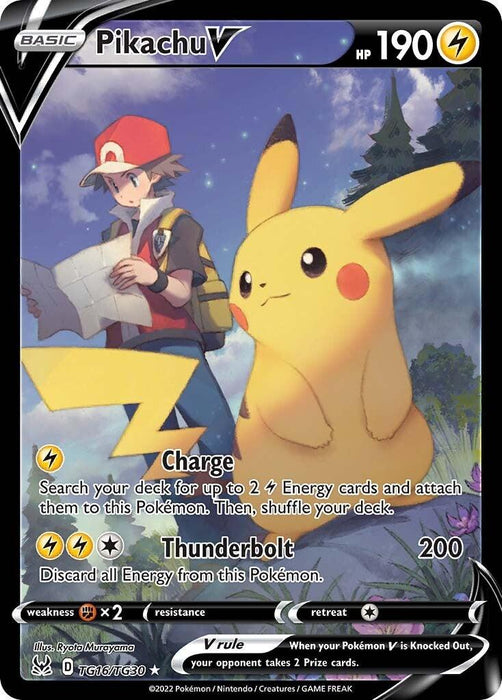 A Secret Rare Pokémon card featuring Pikachu V (TG16/TG30) [Sword & Shield: Lost Origin] from Pokémon. The art shows Pikachu and a trainer in a mountainous area with clouds and greenery. Pikachu is large, with glowing yellow on its cheeks. The moves listed are "Charge" and "Thunderbolt." The card has a black border with lightning and energy symbols.