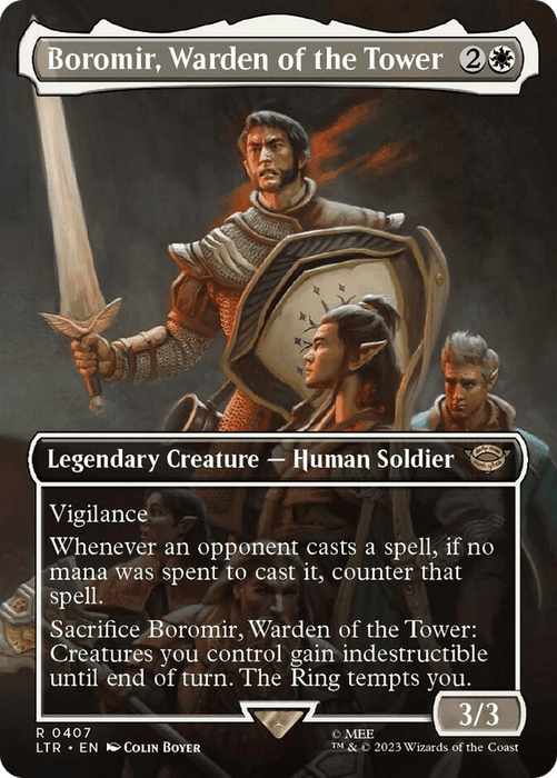 A Magic: The Gathering card titled "Boromir, Warden of the Tower (Borderless Alternate Art) [The Lord of the Rings: Tales of Middle-Earth]." This Legendary Creature from The Lord of the Rings: Tales of Middle-Earth set features Boromir, a Human Soldier with vigilance. His abilities include countering spells cast without mana and sacrificing himself to make creatures indestructible until the end of the turn. The card has a power/toughness of 3/3.