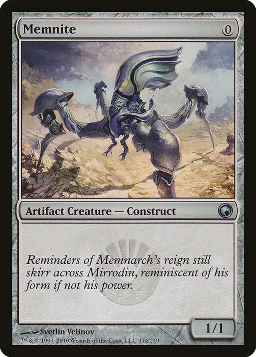 A Magic: The Gathering card titled "Memnite [Scars of Mirrodin]" with a mana cost of 0, from the Scars of Mirrodin set. It is an Uncommon Artifact Creature - Construct with power and toughness of 1/1. The illustration depicts a mechanical creature in a desolate landscape. The flavor text reads, "Reminders of Memnarch’s reign still skirr across Mirrod.