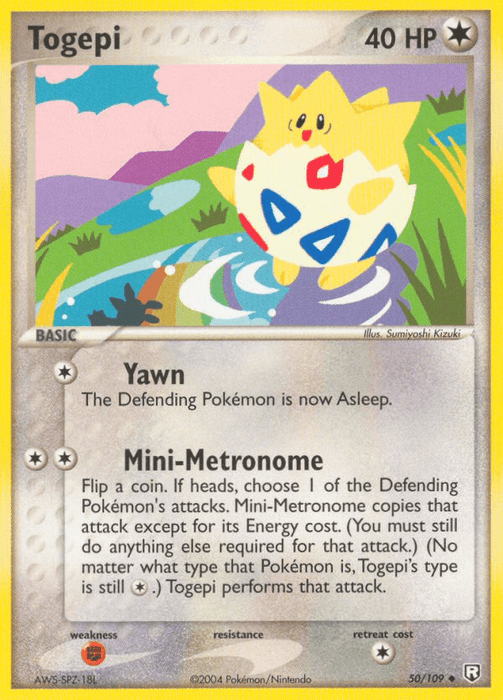 A Togepi (50/109) [EX: Team Rocket Returns] card from the Pokémon brand with 40 HP from the EX Team Rocket Returns set. It displays an image of Togepi with geometric shapes on its shell, standing near water under a night sky. This Uncommon card features two moves: Yawn, making the Defending Pokémon asleep, and Mini-Metronome, which copies one of the Defending Pokémon's attacks.