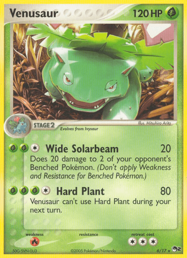 Image of a Rare Venusaur (6/17) [POP Series 2] Pokémon trading card. Venusaur, a large green Grass plant dinosaur with a pink flower on its back, has 120 HP. It has two attacks: 