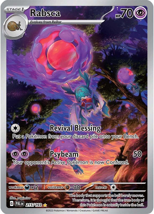 The image shows a Rabsca (215/193) [Scarlet & Violet: Paldea Evolved] Pokémon card. Rabsca, a bug-type with 70 HP, appears floating among pinkish orbs against a starry sky backdrop. The card features the moves Revival Blessing and Psybeam. Illustrated by G-ARTS, it's numbered 215/193 from the Scarlet & Violet: Paldea Evolved series.
