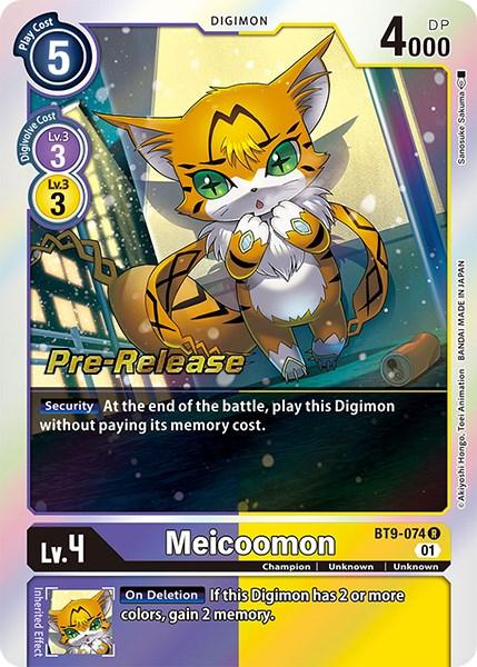 A Digimon card from the X Record Pre-Release Promos series features Meicoomon, a feline-like Champion creature with large yellow and orange ears, blue and white eyes, and a fluffy tail. Surrounded by dynamic colorful energy, the Meicoomon [BT9-074] [X Record Pre-Release Promos] card details its level (Lv. 4), DP (4000), abilities, along with 