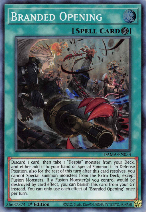 An illustration of the Branded Opening [DAMA-EN054] Super Rare from Yu-Gi-Oh! shows a dark figure with a menacing aura surrounded by flames and chains on the left. On the right, a knight in white armor, possibly a "Despia" monster, is fading into light. The card's border is dark green with detailed game effects and text.