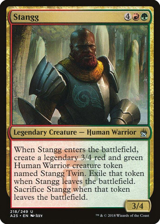 A Magic: The Gathering card from the Masters 25 set, **Stangg [Masters 25]** costs 4 generic, 1 red, and 1 green mana. The illustration shows a bearded, armor-clad Human Warrior. As a Legendary Creature, Stangg's abilities include creating a 3/4 twin token upon entry. The card's black border signifies its rarity. Power and toughness are