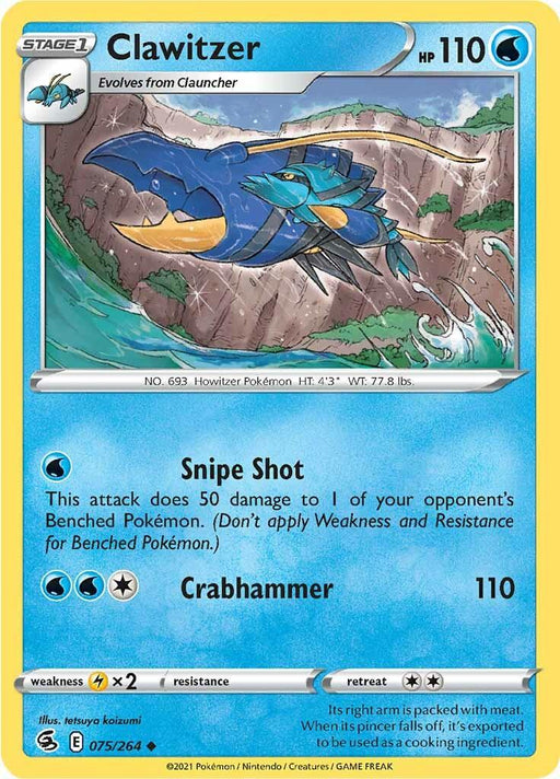 A Pokémon trading card for **Clawitzer (075/264) [Sword & Shield: Fusion Strike]** by **Pokémon**. The card shows Clawitzer with a large blue and yellow claw. With an uncommon rarity, it has 110 HP in the top right corner and includes two attacks: "Snipe Shot" and "Crabhammer," with detailed descriptions and energy requirements for each. The background is light.