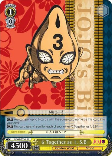 A trading card featuring the character "6 Together as 1, S.B (JJ/S66-E014c U) [JoJo's Bizarre Adventure: Golden Wind]" from JoJo's Bizarre Adventure: Golden Wind by Bushiroad. The character card showcases a menacing humanoid figure with a number "3" on its forehead, sharp features, and a determined expression. Card details and stats are displayed at the bottom.