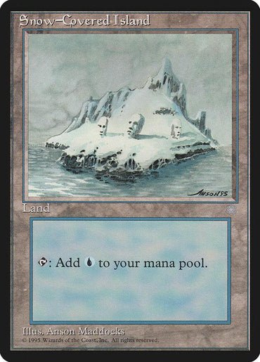 The Magic: The Gathering card "Snow-Covered Island [Ice Age]" is a Basic Snow Land with an icy island scene, falling into the "Land" category. Anson Maddocks illustrates this card, which has the ability "{T}: Add {U} to your mana pool," and it features a brown border.