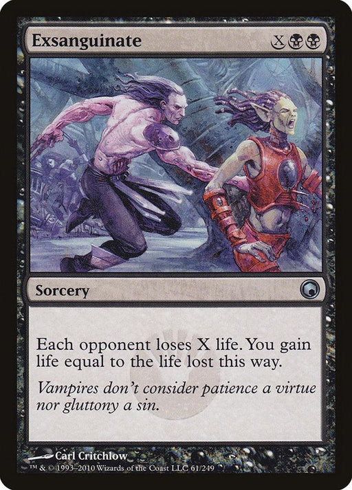 A Magic: The Gathering card titled "Exsanguinate [Scars of Mirrodin]" from the Magic: The Gathering set. This sorcery features a dynamic illustration of a shirtless, muscular vampire with flowing hair, reaching for a terrified woman in armored attire. Text reads: "Each opponent loses X life. You gain life equal to the life lost this way.