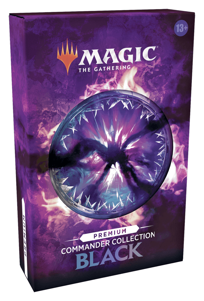 The box art for Magic: The Gathering's Commander Collection: Black (Premium Edition) showcases a mystical, dark purple and black circular emblem with fiery tendrils and a shimmering surface, embodying iconic black strategies. The Magic: The Gathering logo is prominently displayed at the top, with the 13+ age recommendation in the top right corner.