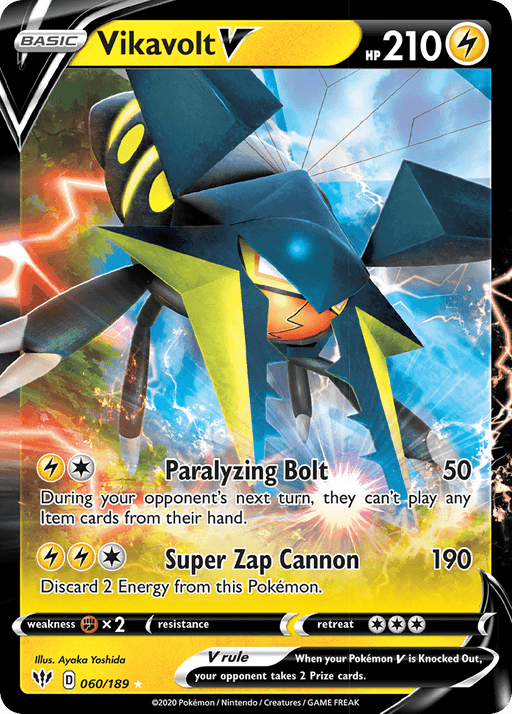 A Vikavolt V (060/189) [Sword & Shield: Darkness Ablaze] Pokémon card features a powerful-looking, blue and yellow Lightning type insect-like creature emitting electricity. As an Ultra Rare card, it has 210 HP and two moves: Paralyzing Bolt (50 damage) and Super Zap Cannon (190 damage). An “Illus. Ayaka Yoshida” credit appears at the bottom left.
