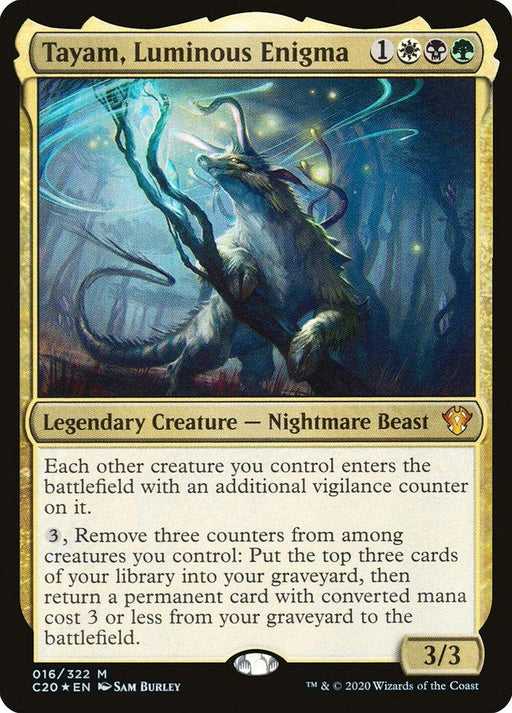 A Magic: The Gathering card titled "Tayam, Luminous Enigma [Commander 2020]" from Magic: The Gathering. This Mythic legendary creature is a Nightmare Beast with a mana cost of 1 white, black, and green. It has 3 power and 3 toughness. The illustrated creature has antlers and emits a glowing light. Artist credit: Sam Burley.