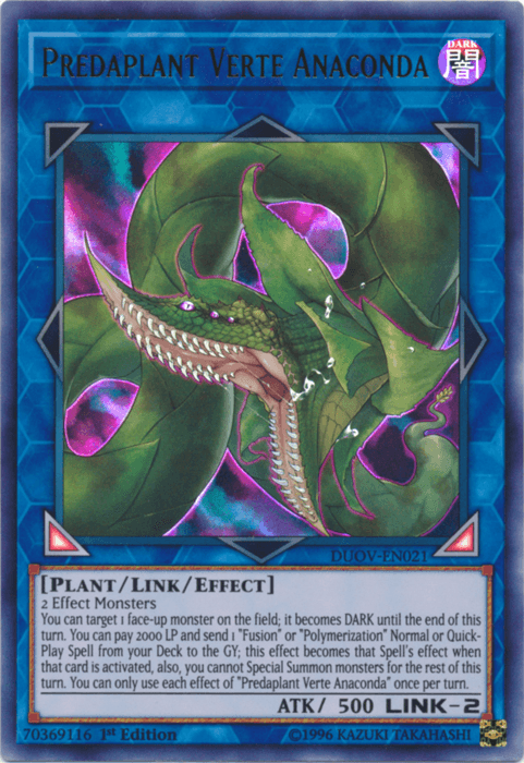 A "Yu-Gi-Oh!" trading card featuring the Ultra Rare Predaplant Verte Anaconda [DUOV-EN021] with art depicting a plant-like, serpentine creature with large, sharp teeth. As a Link-2 monster from Duel Overload, it has 500 ATK and the text box details its effect and summoning requirements.