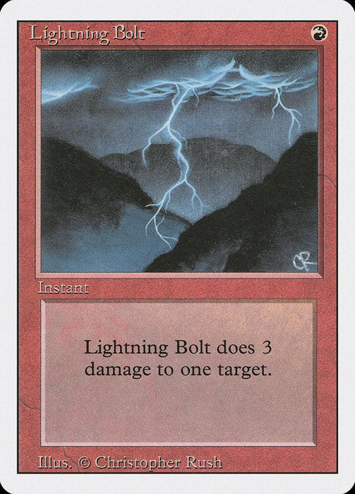 A "Magic: The Gathering" card titled "Lightning Bolt [Revised Edition]." The image showcases a stormy sky with vivid, branching lightning bolts striking dark mountains. An Instant from the Revised Edition, the card has a red border and text box, stating: "Lightning Bolt does 3 damage to one target." Illustrated by Christopher Rush.